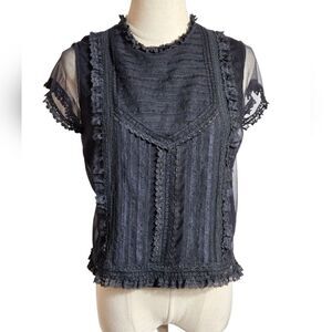 Love Sam Black Victorian Boho Lace Trim Blouse Top